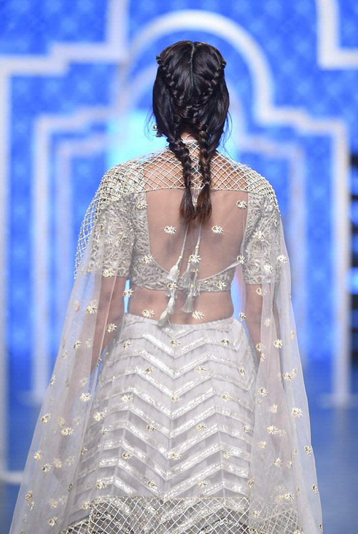 Grey Silk Colour Choli with Light and Dark Grey Colour Net Lehenga and Net Dupatta