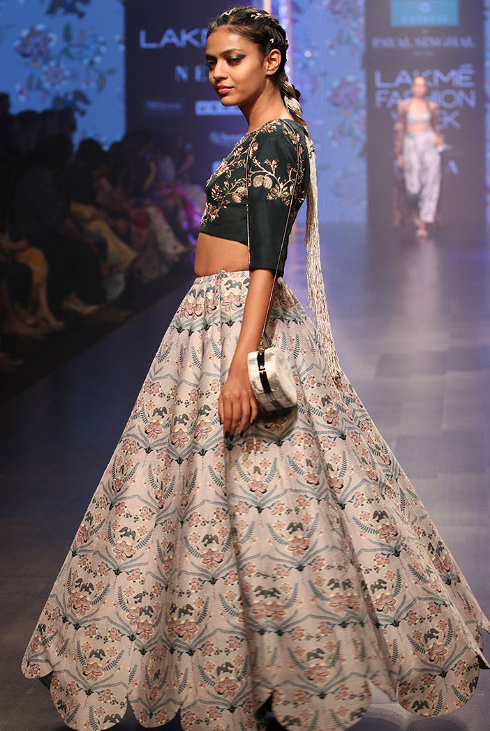 Gulisa Emerald Green Silk Choli with Powder Blue Printed Dupion Silk Scallop Lehenga