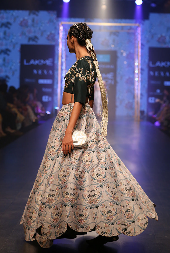 Gulisa Emerald Green Silk Choli with Powder Blue Printed Dupion Silk Scallop Lehenga