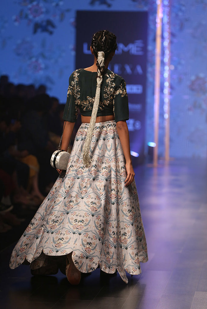 Gulisa Emerald Green Silk Choli with Powder Blue Printed Dupion Silk Scallop Lehenga