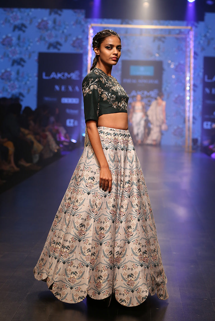 Gulisa Emerald Green Silk Choli with Powder Blue Printed Dupion Silk Scallop Lehenga