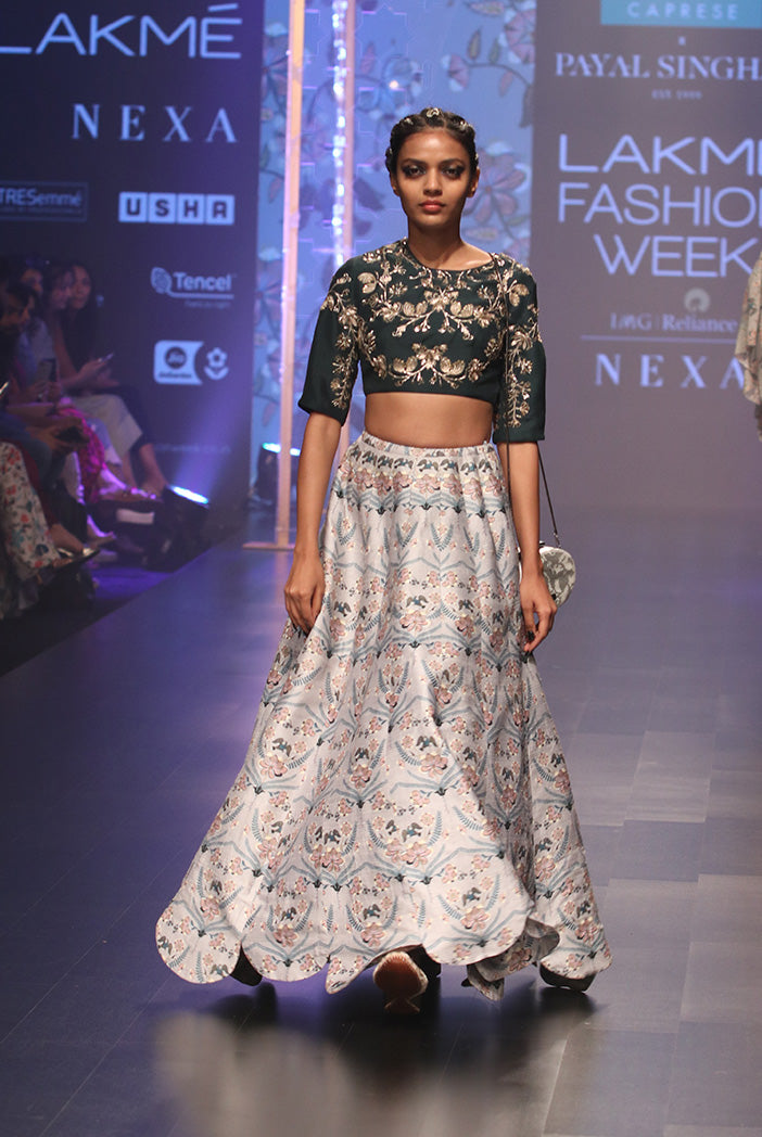 Gulisa Emerald Green Silk Choli with Powder Blue Printed Dupion Silk Scallop Lehenga