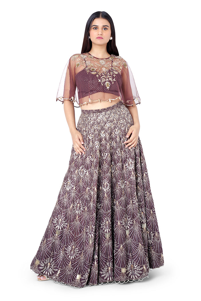 Gunmetal Brown Colour Net Cape with Mukaish Georgette Bustier and Silk Lehenga