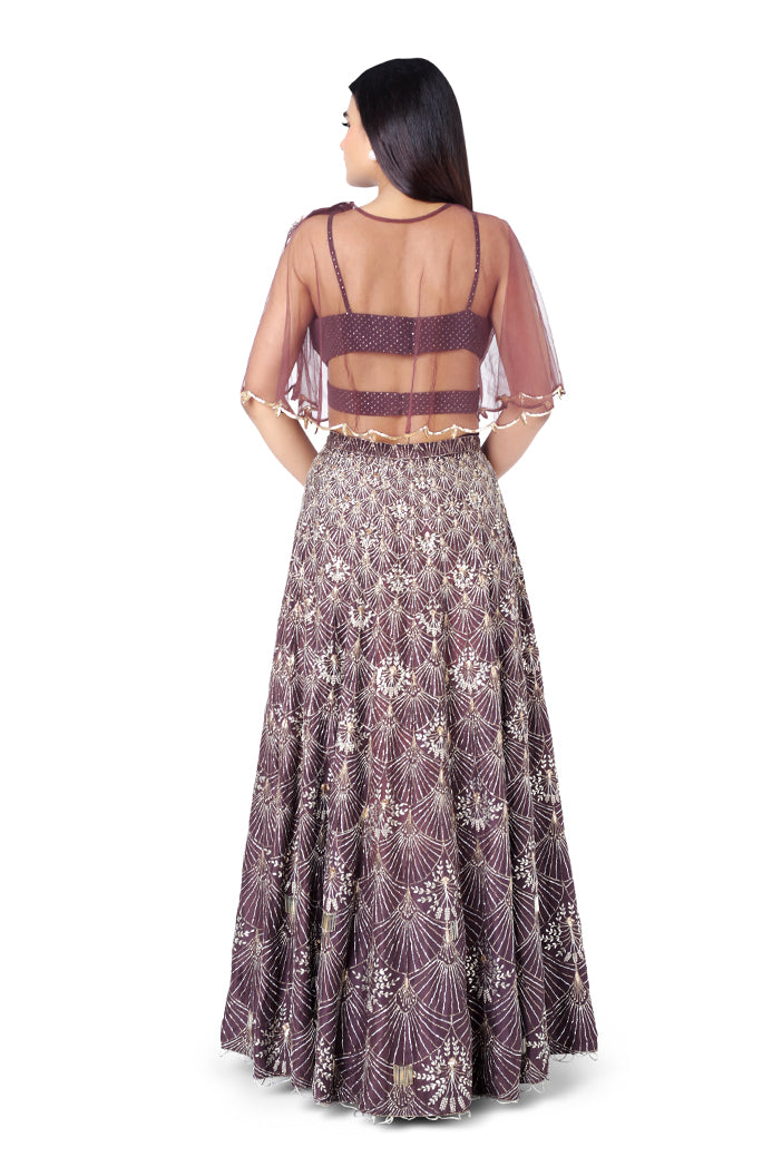 Gunmetal Brown Colour Net Cape with Mukaish Georgette Bustier and Silk Lehenga