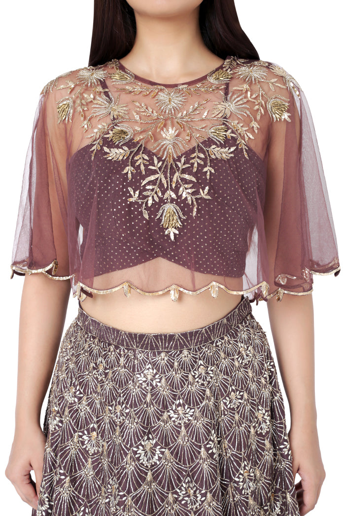Gunmetal Brown Colour Net Cape with Mukaish Georgette Bustier and Silk Lehenga