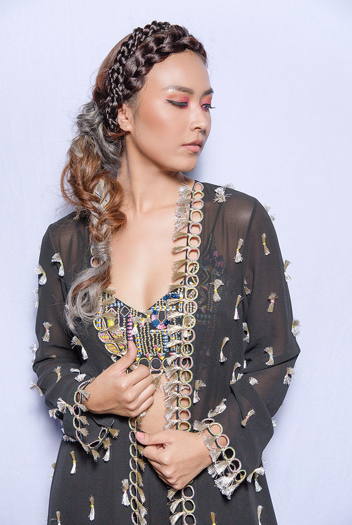 Helina Black Georgette Choli with Jacket and Frill Palazzo