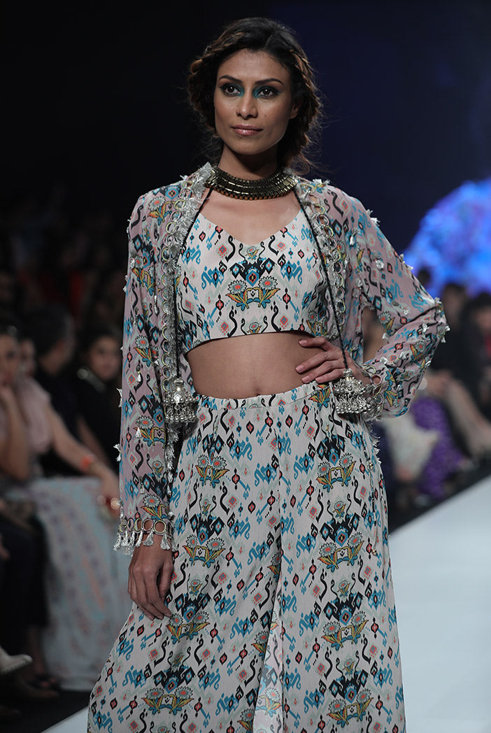 Heline Pink Printed Georgette Jacket with White Printed Crepe Bustier and Sharara Pant