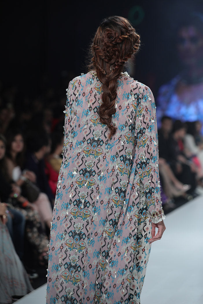 Heline Pink Printed Georgette Jacket with White Printed Crepe Bustier and Sharara Pant