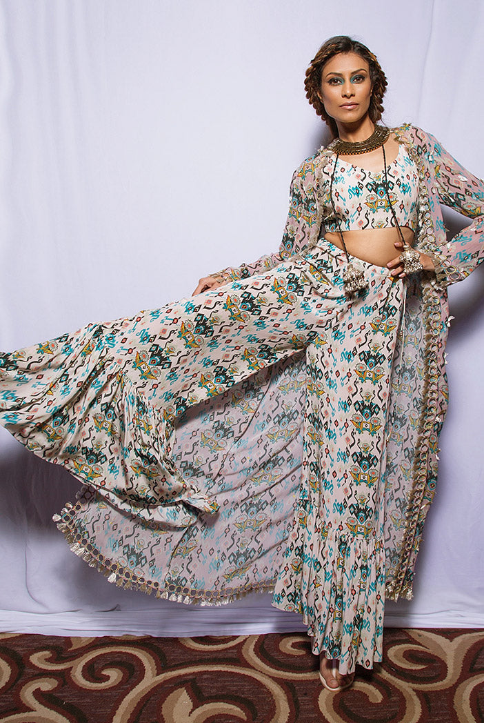 Heline Pink Printed Georgette Jacket with White Printed Crepe Bustier and Sharara Pant