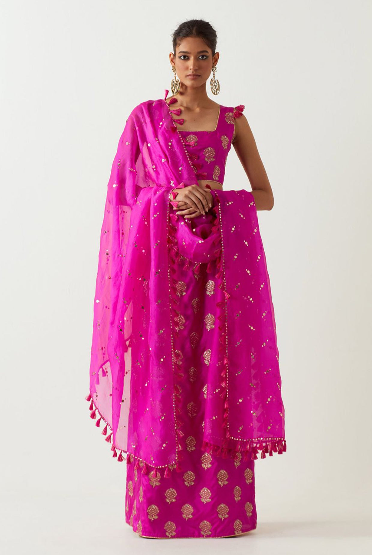 Hot Pink Embroidered Choli And Skirt With Dupatta