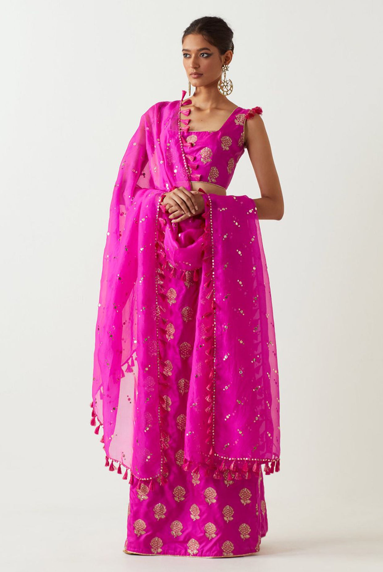 Hot Pink Embroidered Choli And Skirt With Dupatta