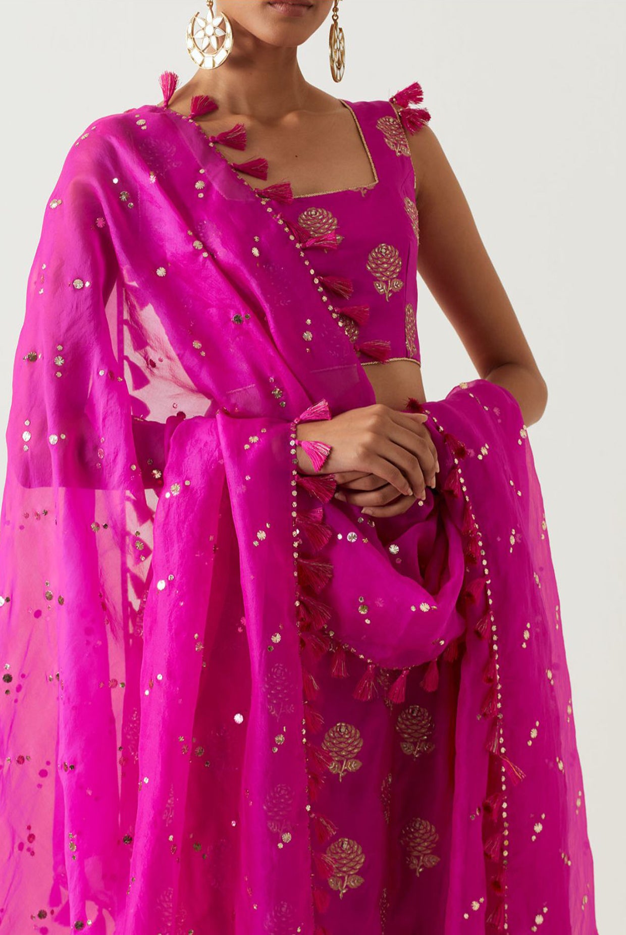 Hot Pink Embroidered Choli And Skirt With Dupatta