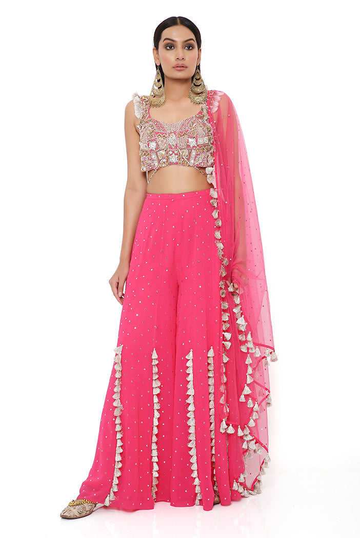 Hot Pink Georgette Embroidered Choli And Mukaish Georgette Sharara With Mukaish Net Dupatta