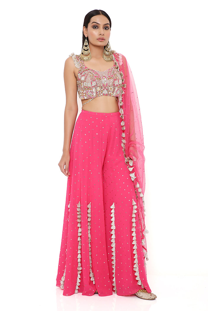 Hot Pink Georgette Embroidered Choli And Mukaish Georgette Sharara With Mukaish Net Dupatta