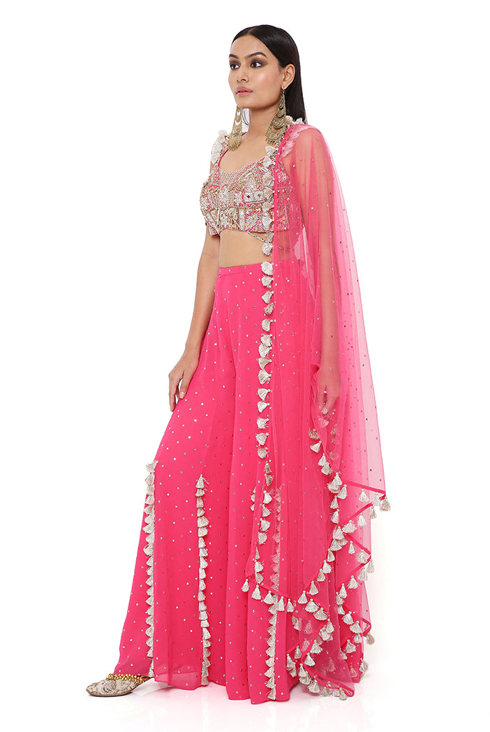 Hot Pink Georgette Embroidered Choli And Mukaish Georgette Sharara With Mukaish Net Dupatta