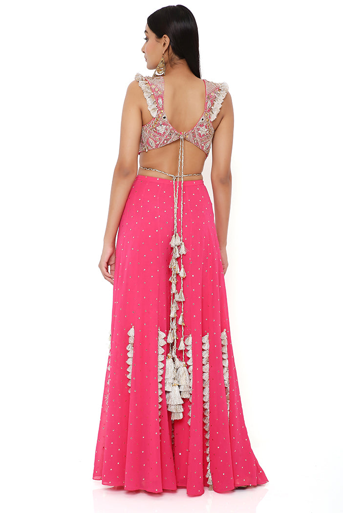 Hot Pink Georgette Embroidered Choli And Mukaish Georgette Sharara With Mukaish Net Dupatta