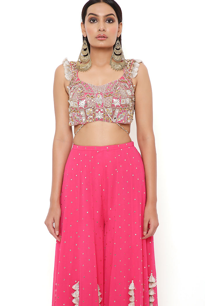 Hot Pink Georgette Embroidered Choli And Mukaish Georgette Sharara With Mukaish Net Dupatta