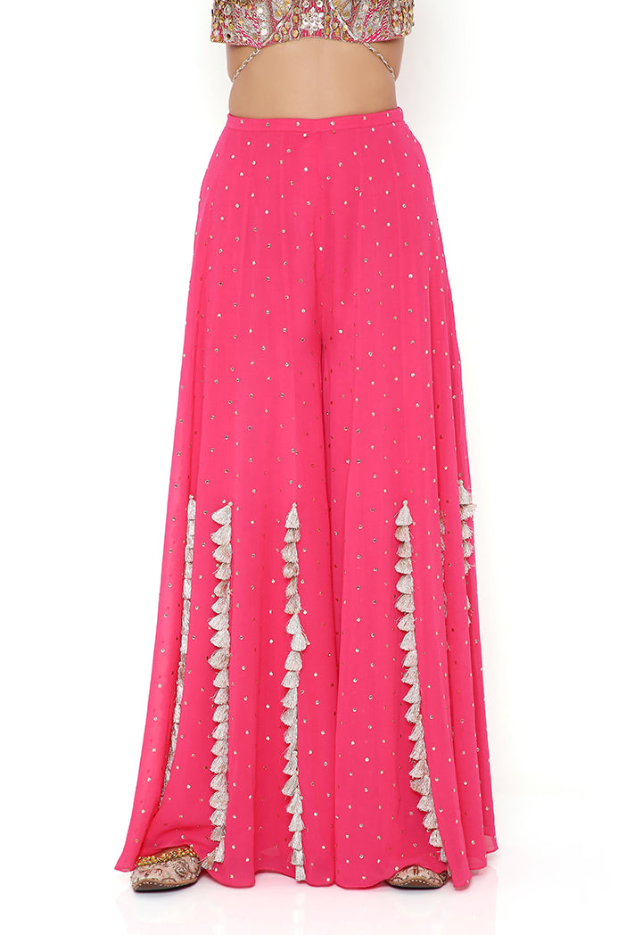 Hot Pink Georgette Embroidered Choli And Mukaish Georgette Sharara With Mukaish Net Dupatta