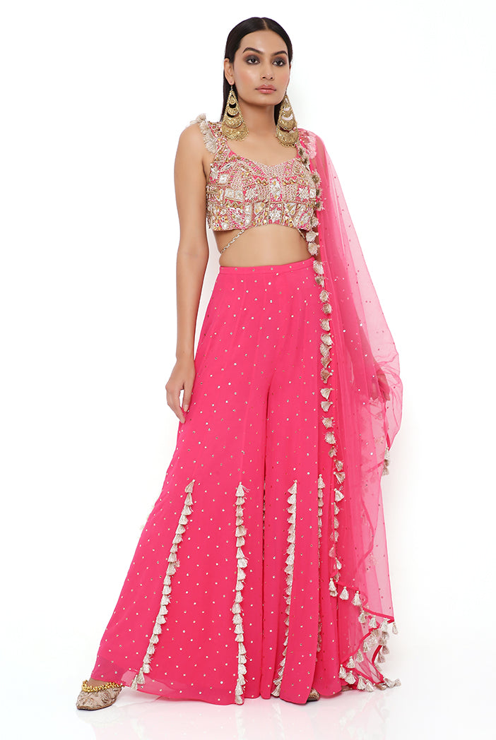 Hot Pink Georgette Embroidered Choli And Mukaish Georgette Sharara With Mukaish Net Dupatta