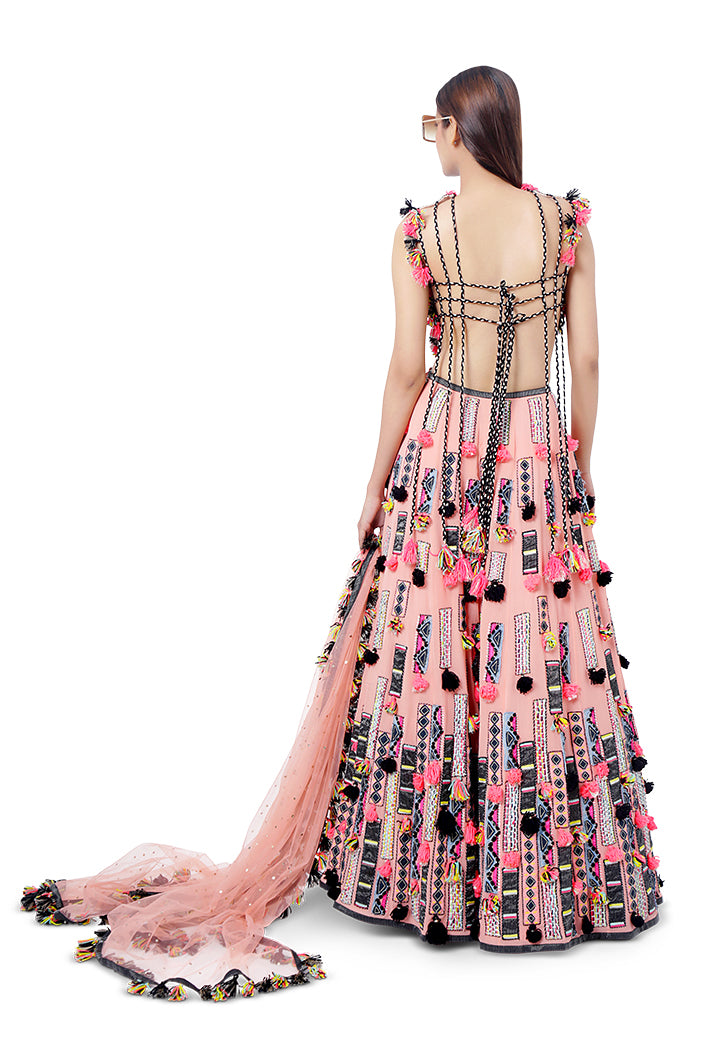 Idris Coral Colour Georgette Embroidered Back Tie-Up Choli with Lehenga and Dot Net Mukaish Dupatta