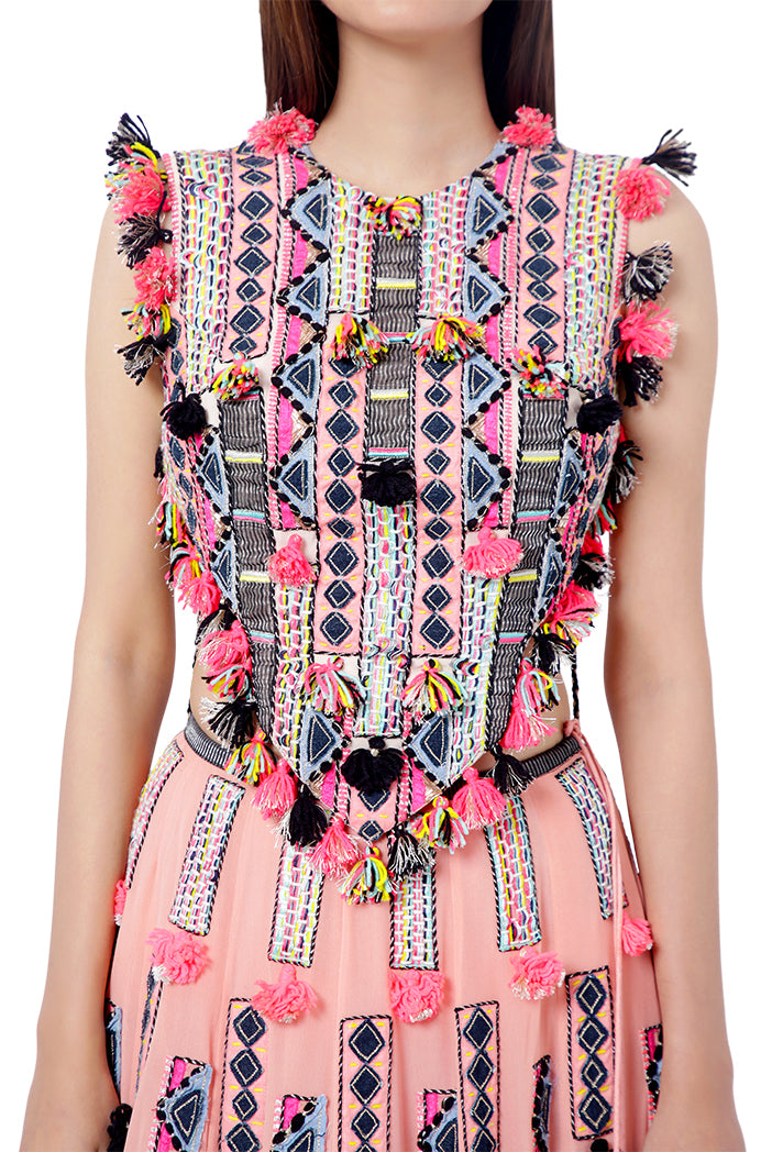 Idris Coral Colour Georgette Embroidered Back Tie-Up Choli with Lehenga and Dot Net Mukaish Dupatta