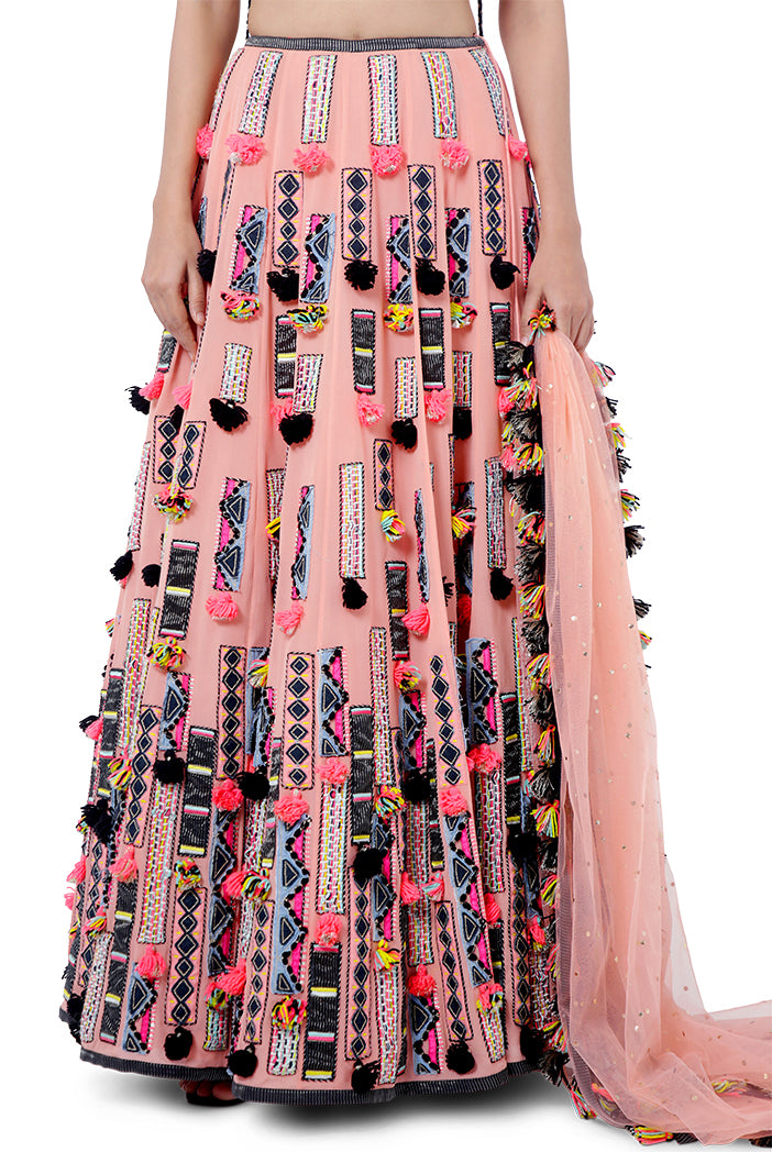 Idris Coral Colour Georgette Embroidered Back Tie-Up Choli with Lehenga and Dot Net Mukaish Dupatta