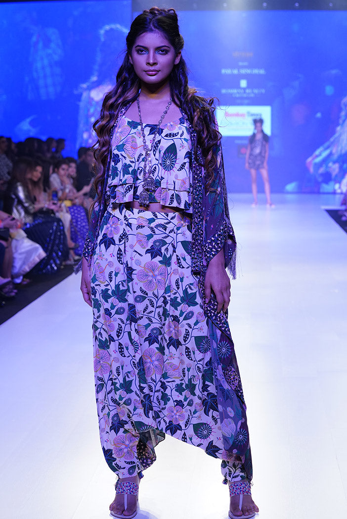 Ina Brown Printed Georgette Jacket with White Printed Crepe Layered Top with Low Crotch Pant