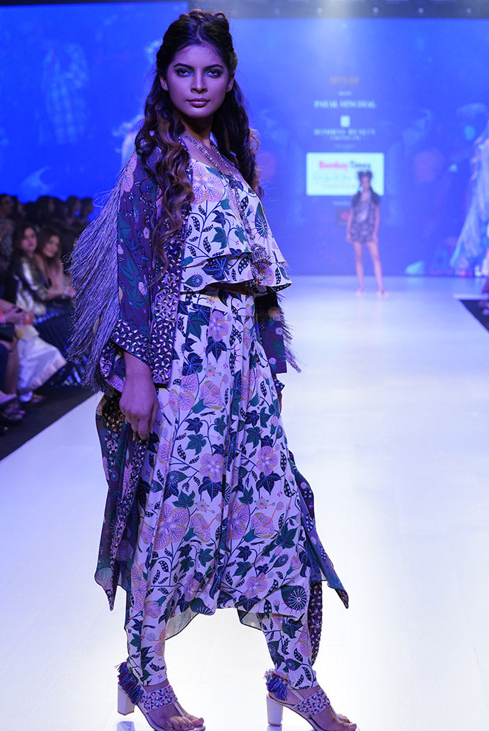Ina Brown Printed Georgette Jacket with White Printed Crepe Layered Top with Low Crotch Pant