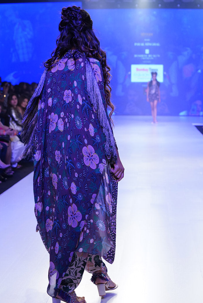 Ina Brown Printed Georgette Jacket with White Printed Crepe Layered Top with Low Crotch Pant