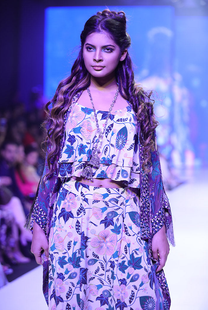Ina Brown Printed Georgette Jacket with White Printed Crepe Layered Top with Low Crotch Pant