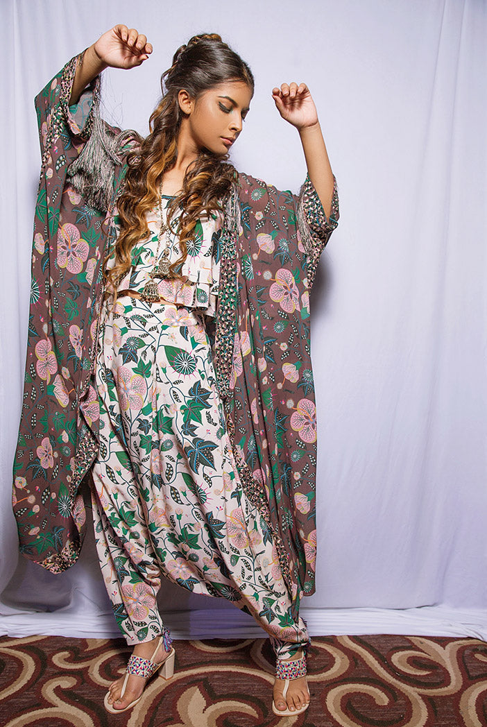 Ina Brown Printed Georgette Jacket with White Printed Crepe Layered Top with Low Crotch Pant