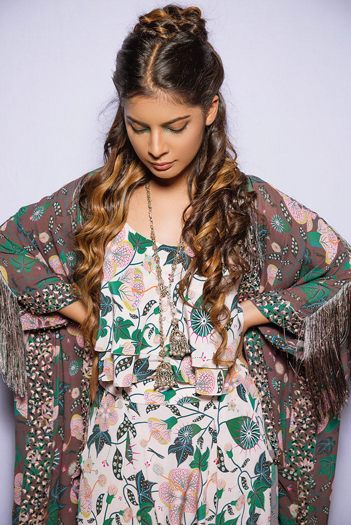 Ina Brown Printed Georgette Jacket with White Printed Crepe Layered Top with Low Crotch Pant