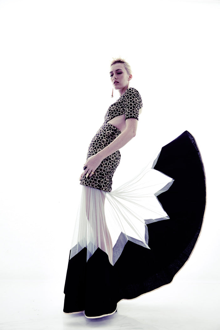 Indra Black Linen Top with Pale Blue Tulle Skirt with Black Border
