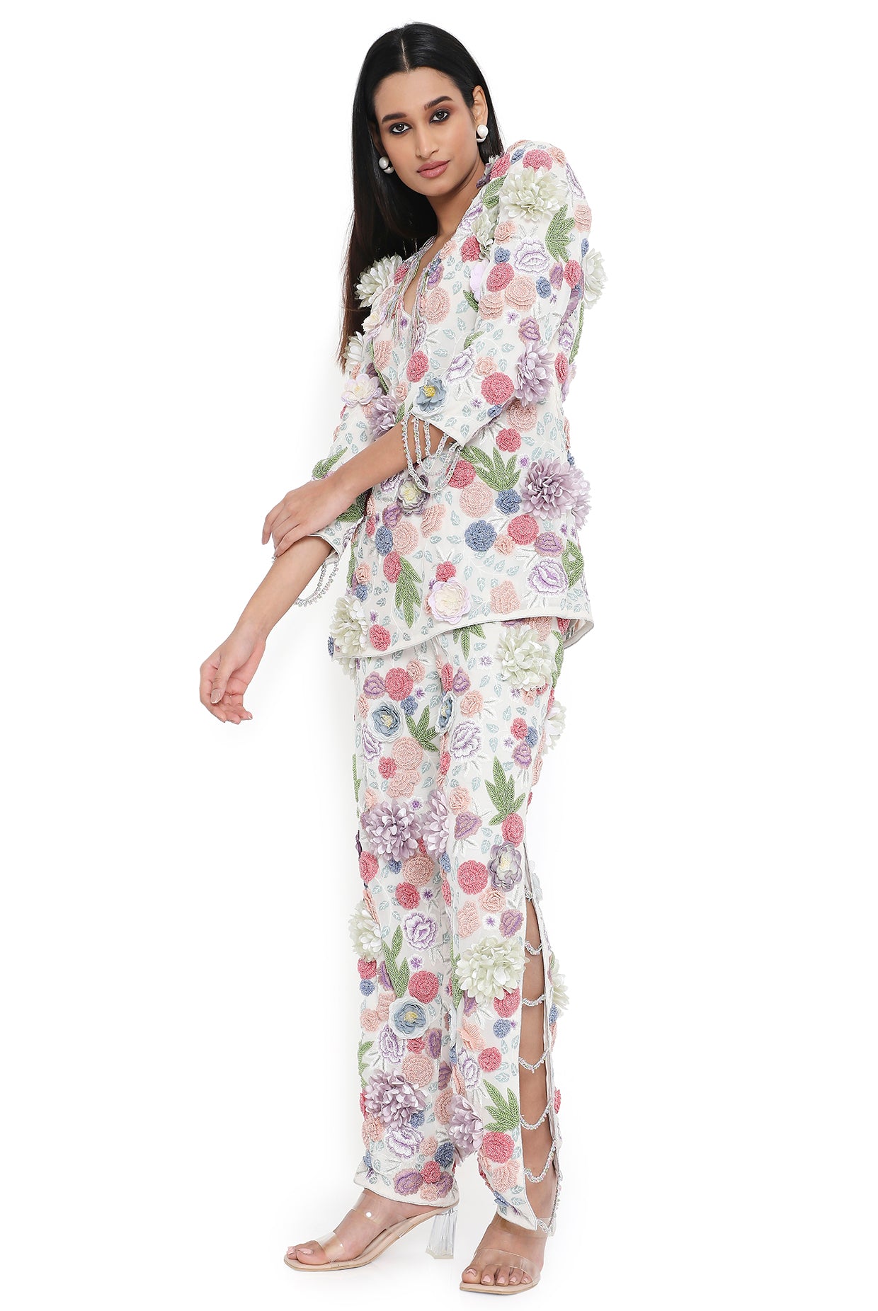 Irene Off White Embroidered Short Kurta And Pant With Metal Chain Hanging