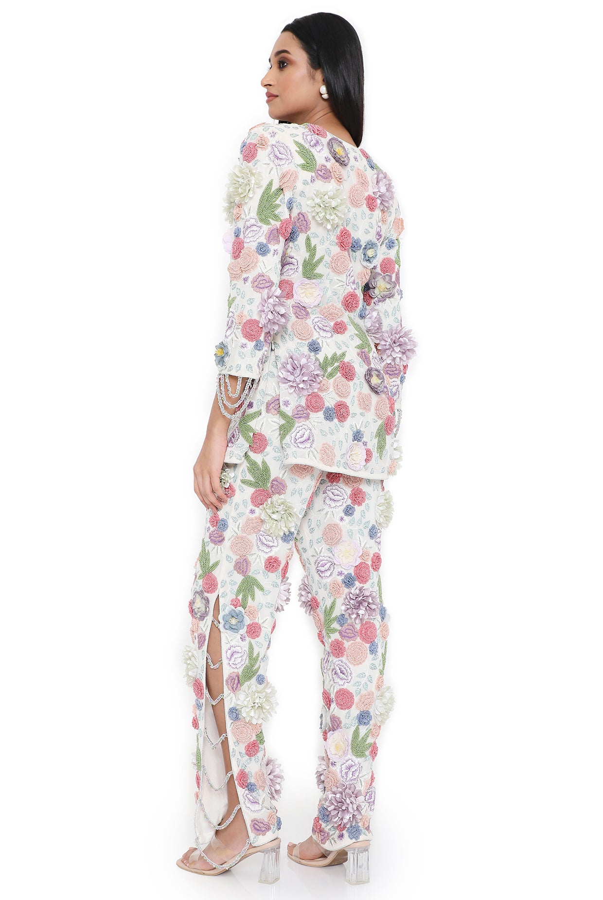Irene Off White Embroidered Short Kurta And Pant With Metal Chain Hanging