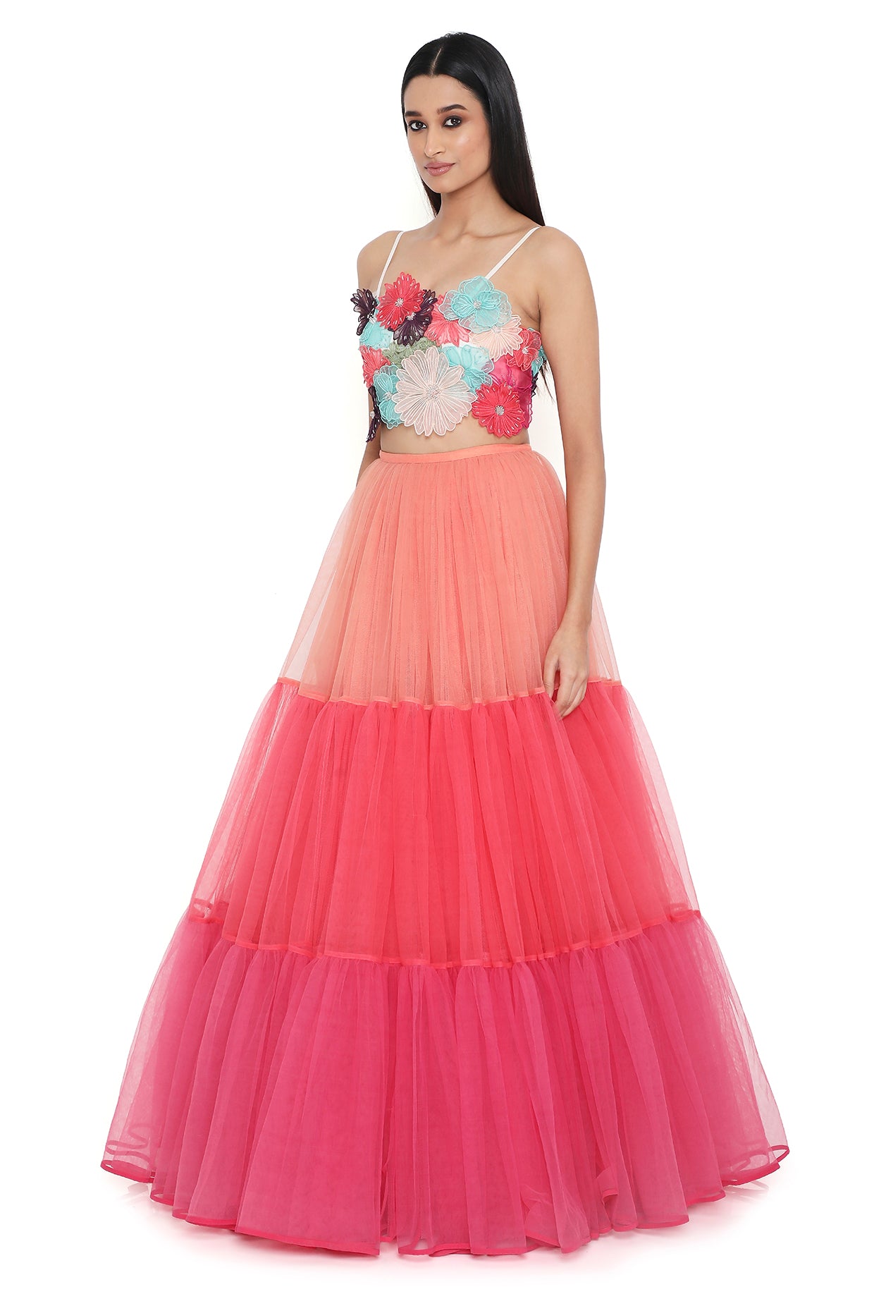 Isabella Off White 3D Flower Embroidered Choli With Multi Colour Layered Lehenga