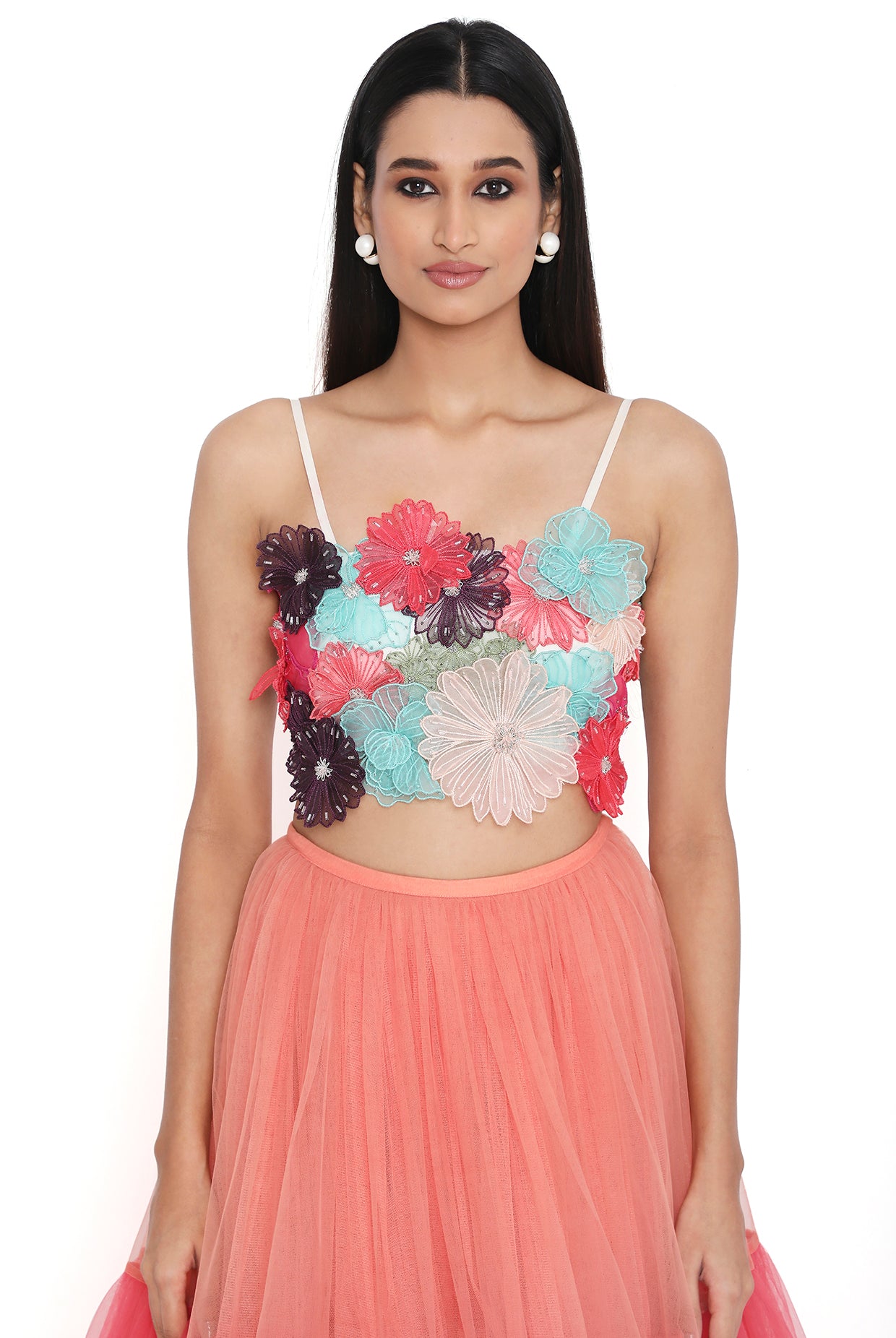 Isabella Off White 3D Flower Embroidered Choli With Multi Colour Layered Lehenga