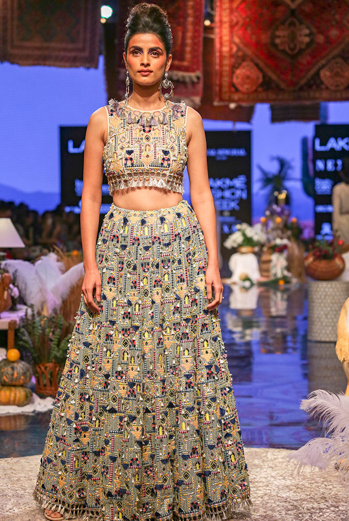 Istanbul Stone georgette Choli with Periwinkle Blue Georgette Lehenga