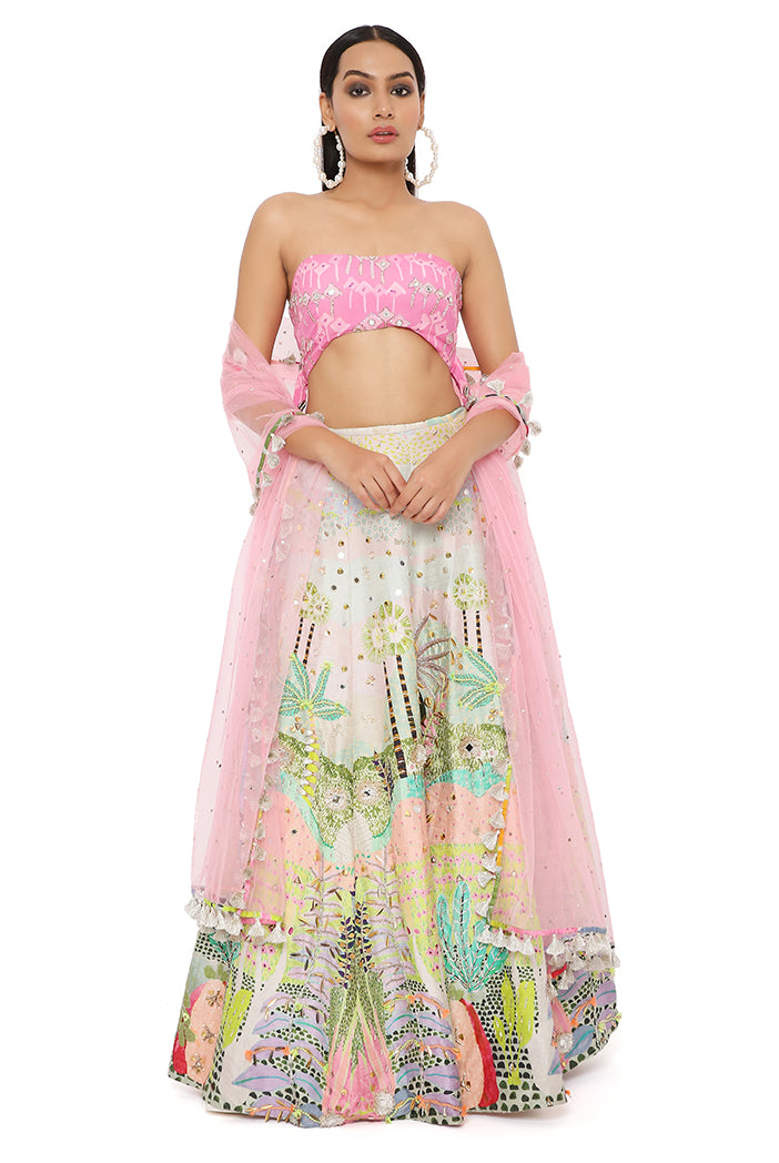 Ivana Pink Kite Print Georgette Embroidered Bustier And Tropical Print Dupion Silk Lehenga With Pink Mukaish Net Dupatta