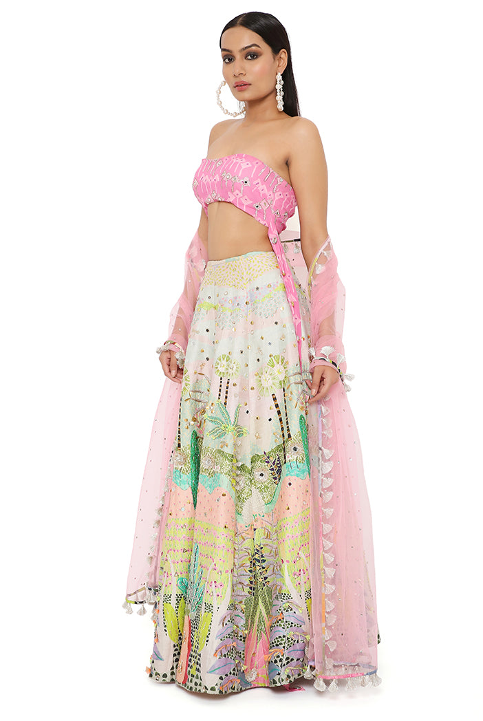 Ivana Pink Kite Print Georgette Embroidered Bustier And Tropical Print Dupion Silk Lehenga With Pink Mukaish Net Dupatta