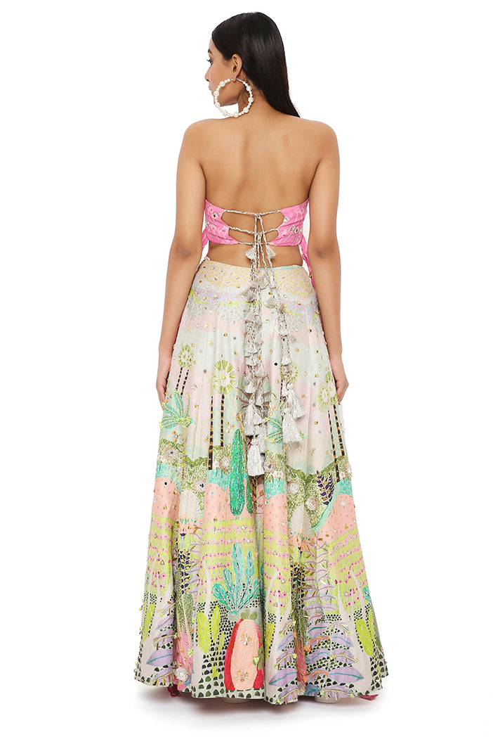 Ivana Pink Kite Print Georgette Embroidered Bustier And Tropical Print Dupion Silk Lehenga With Pink Mukaish Net Dupatta