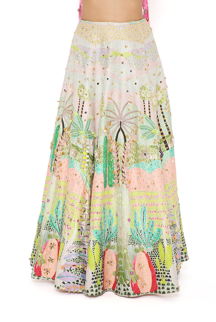 Ivana Pink Kite Print Georgette Embroidered Bustier And Tropical Print Dupion Silk Lehenga With Pink Mukaish Net Dupatta