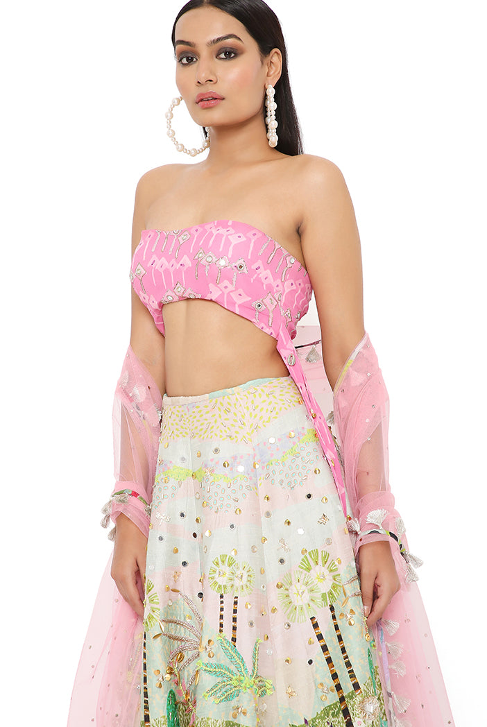 Ivana Pink Kite Print Georgette Embroidered Bustier And Tropical Print Dupion Silk Lehenga With Pink Mukaish Net Dupatta