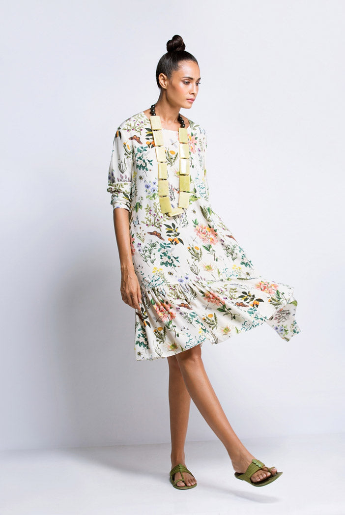 Ivory Printed Crepe Frill Tunic