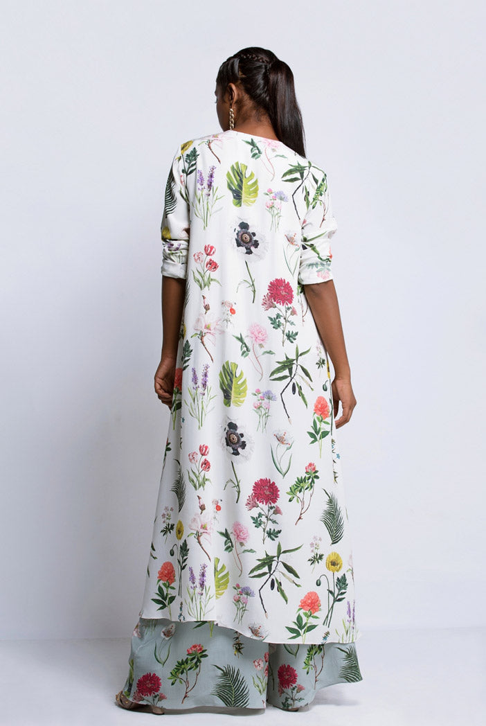 Ivory Printed Crepe High-Low Kurta with Aqua Printed Crepe Palazzo