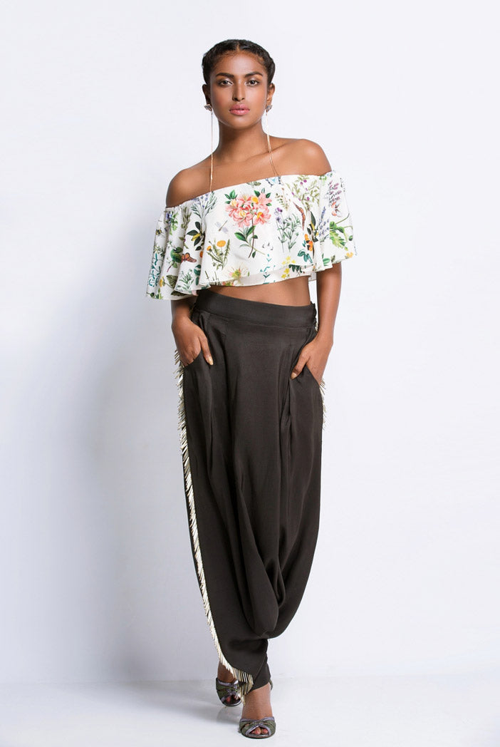 Ivory Printed Crepe Off Shoulder Ruffle Top and Black Silk Low Crotch Pant