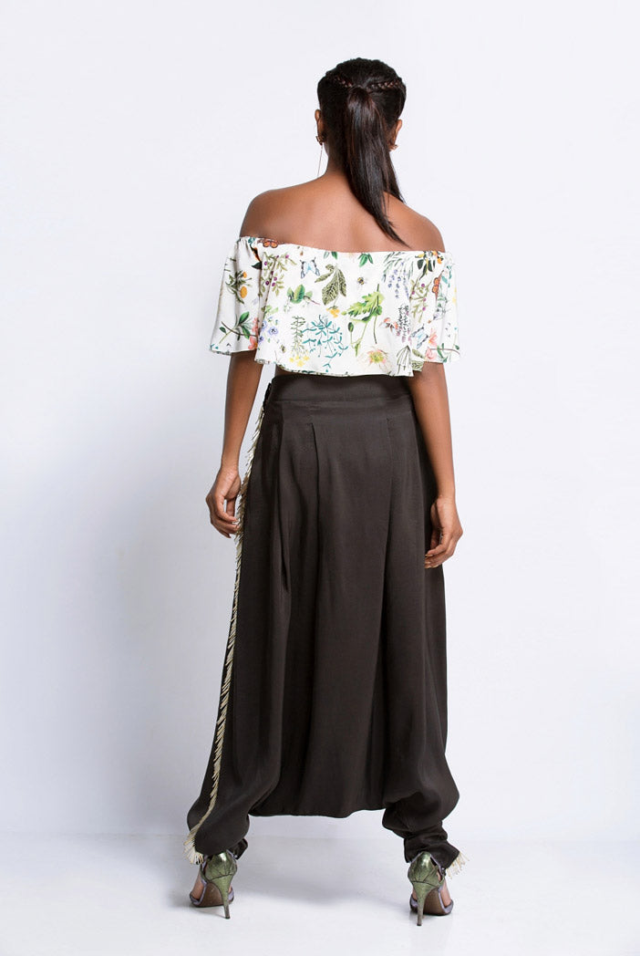 Ivory Printed Crepe Off Shoulder Ruffle Top and Black Silk Low Crotch Pant