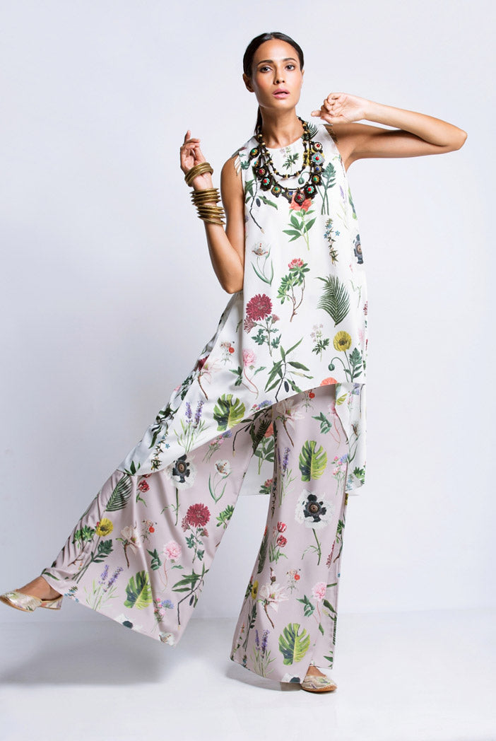 Ivory Printed Crepe Tunic with Lilac Printed Semi Crepe Low Crotch Pant