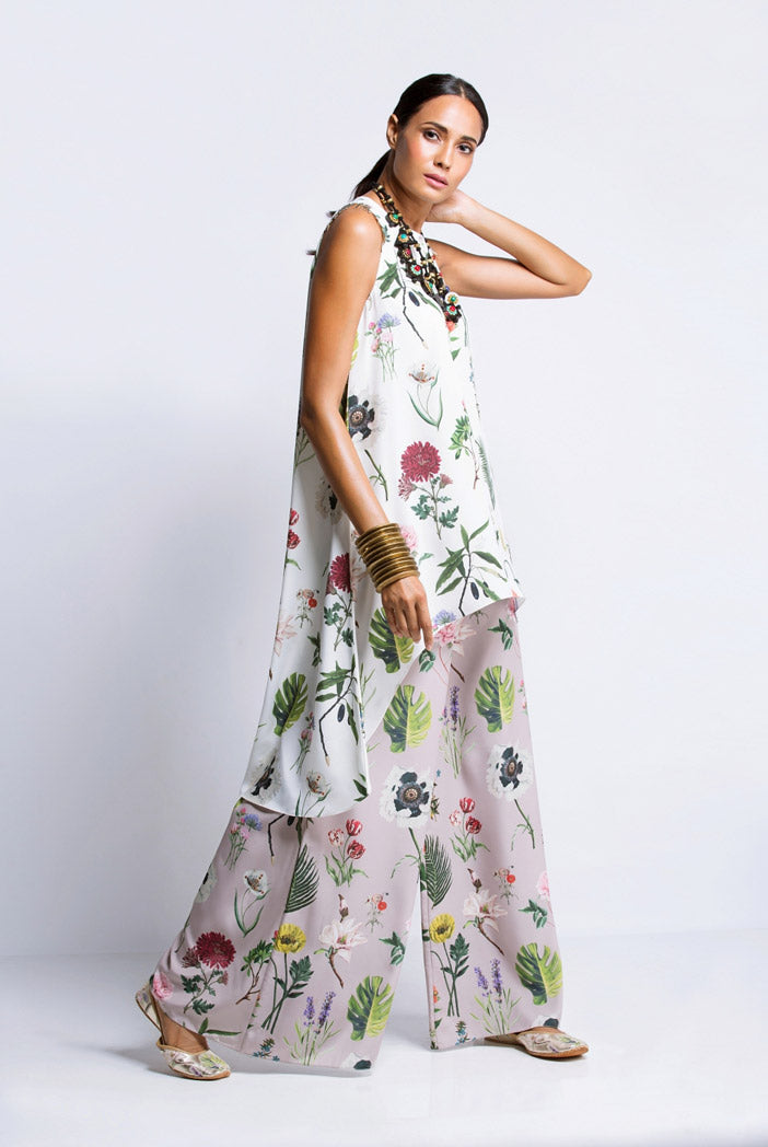 Ivory Printed Crepe Tunic with Lilac Printed Semi Crepe Low Crotch Pant