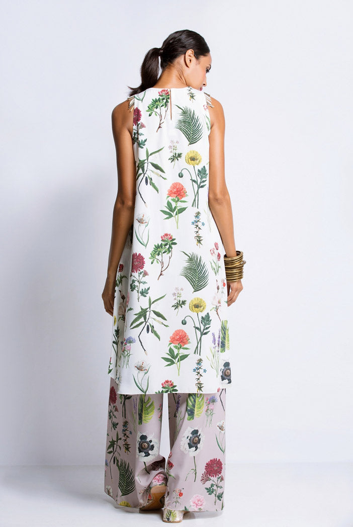Ivory Printed Crepe Tunic with Lilac Printed Semi Crepe Low Crotch Pant